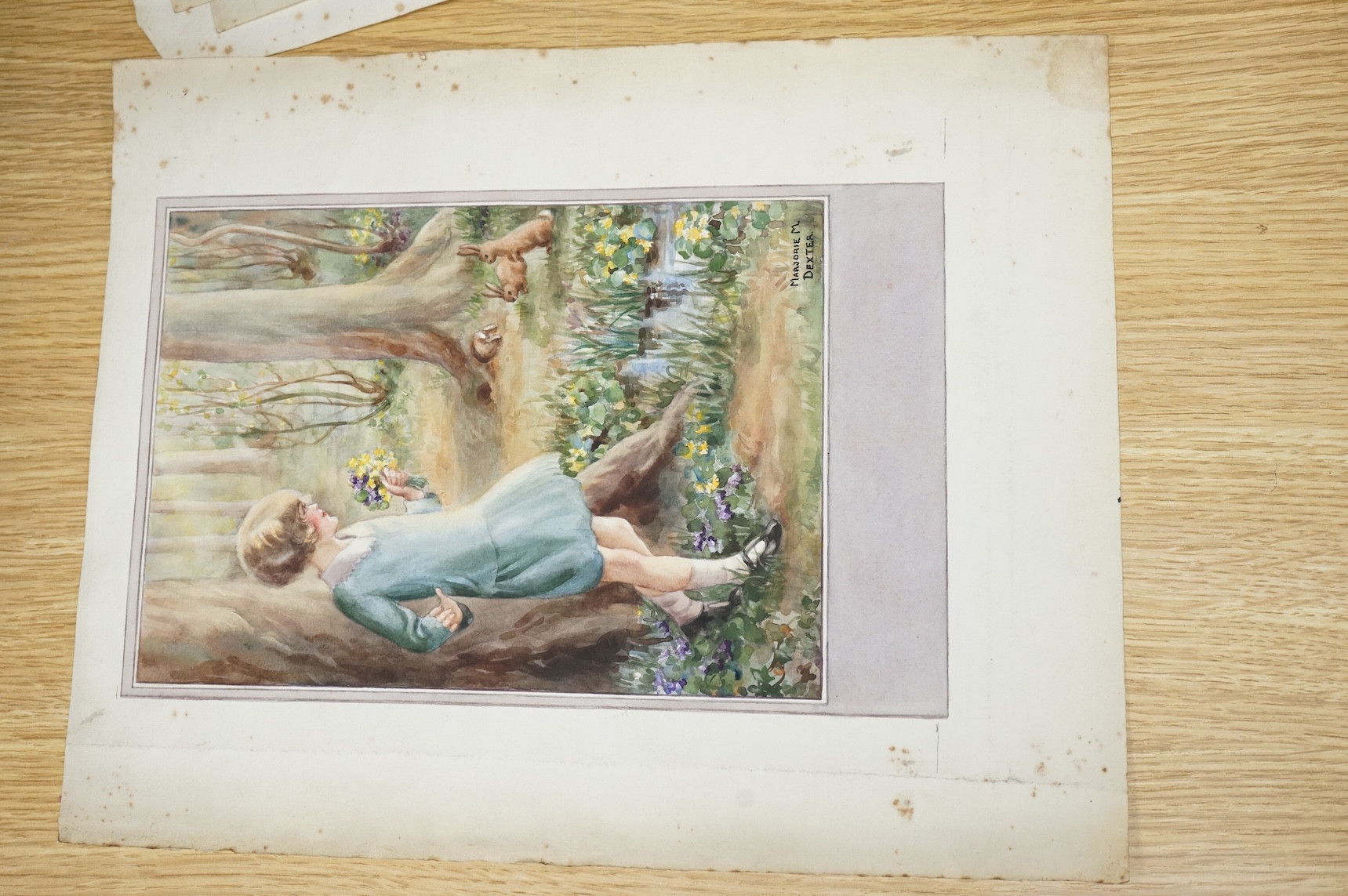 Marjorie Dexter (1903-1992), a set of five original watercolours for children's postcard artworks, Woodland Days, each signed, unframed, 39 x 25cm